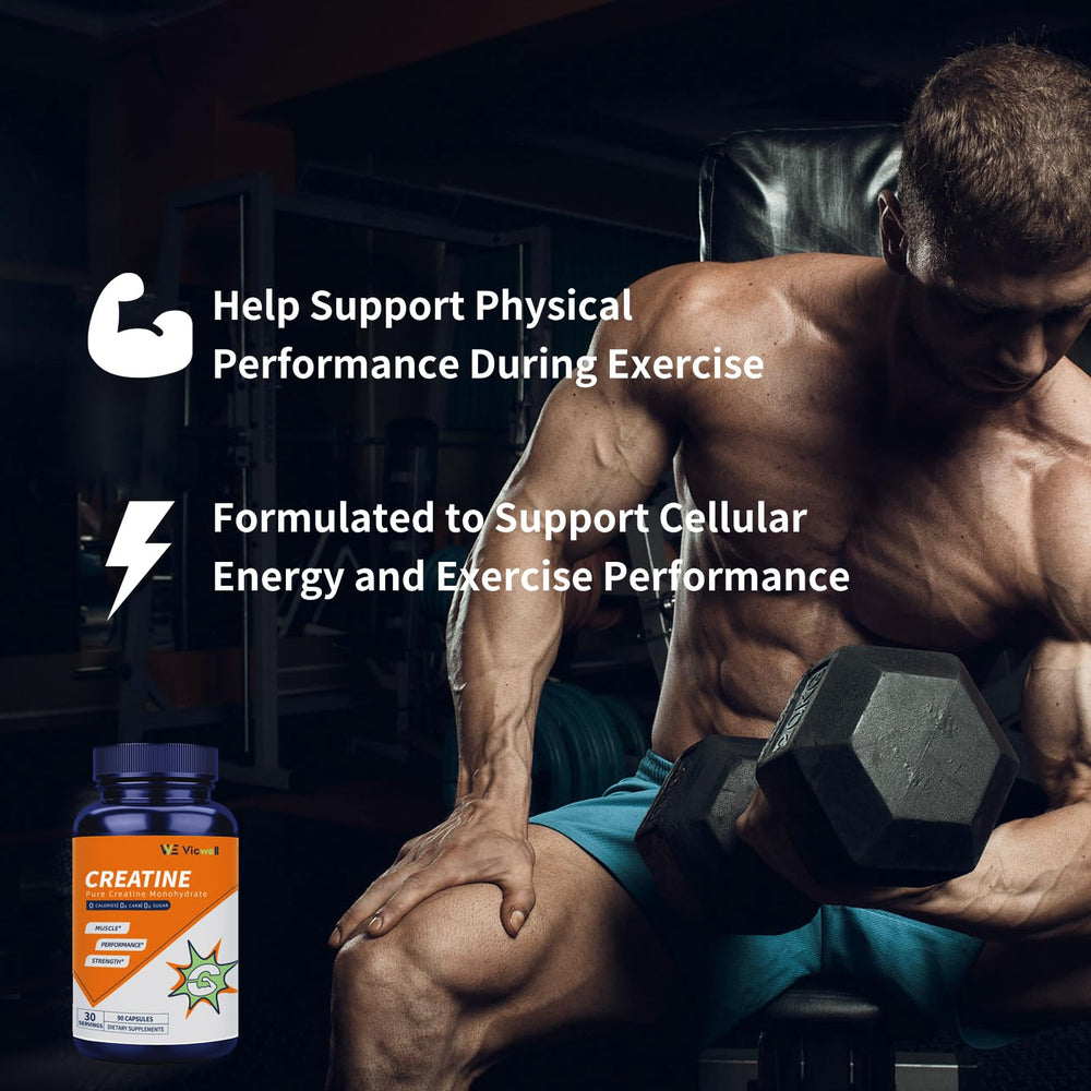 Vicwell Creatine Monohydrate capsules shown with three-per-serving dosage.
