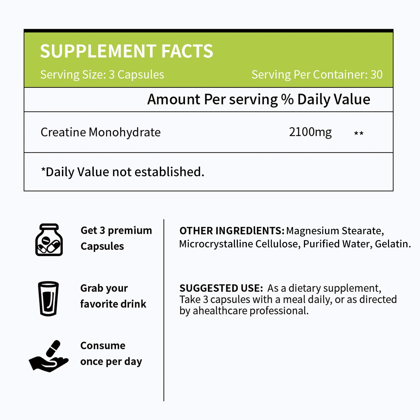 Vicwell Creatine Monohydrate capsules in morning routine for training days.