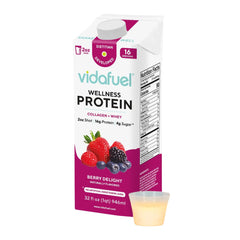 Vidafuel Berry bottle front highlights a 16 g protein shot for quick nutrition
