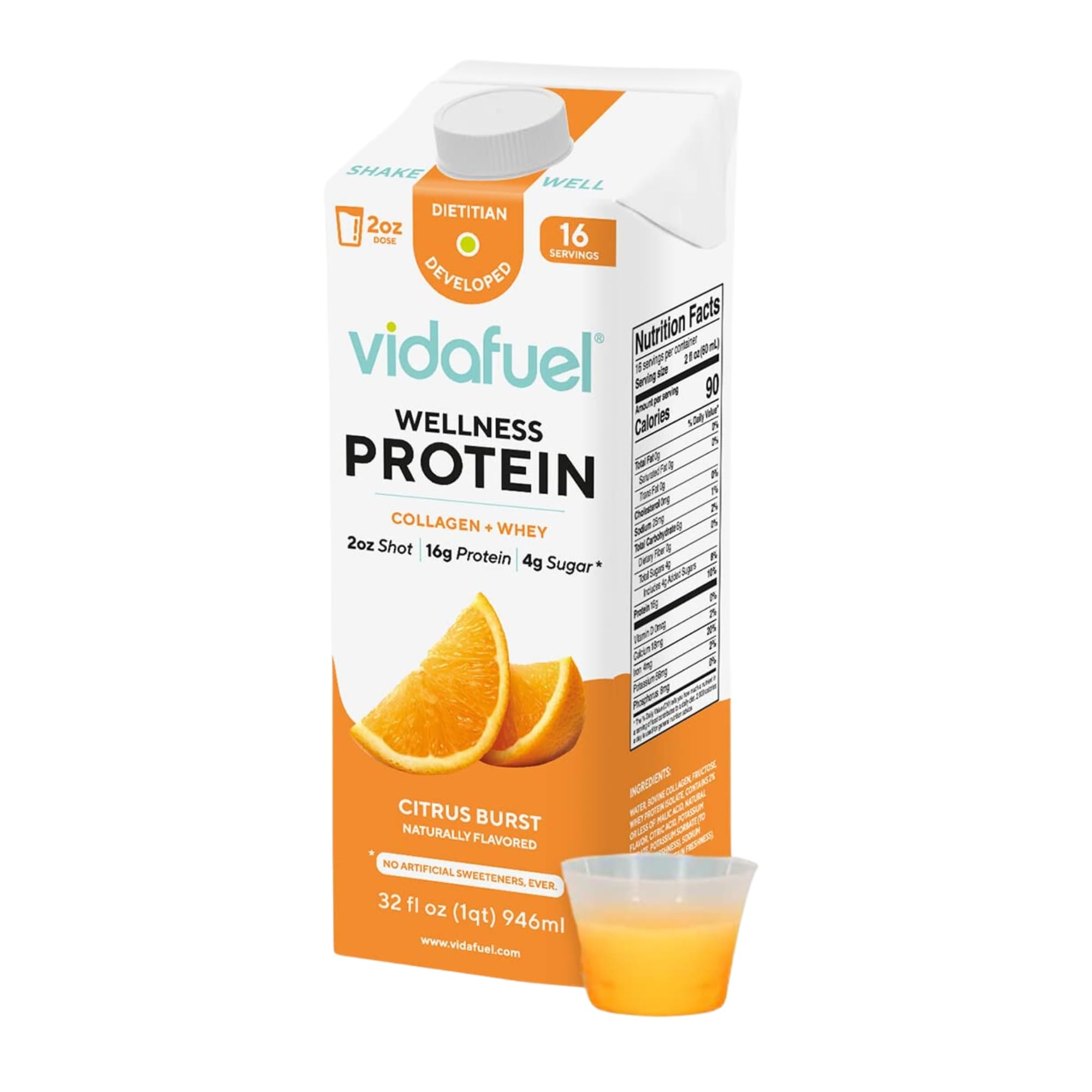 Vidafuel Citrus bottle front highlighting high protein content.