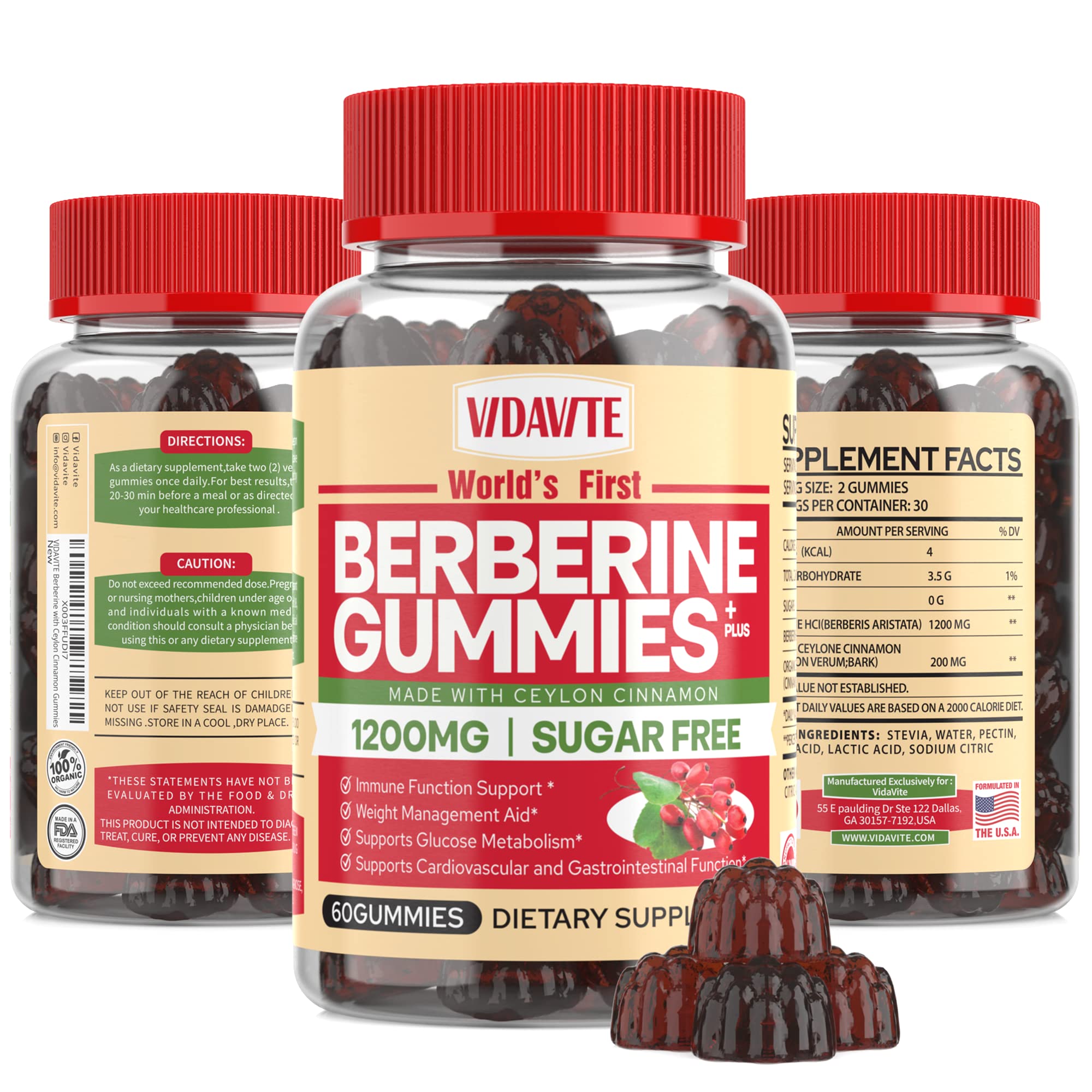 VIDAVITE Berberine gummies bottle showing a sugar-free formula for metabolic balance.