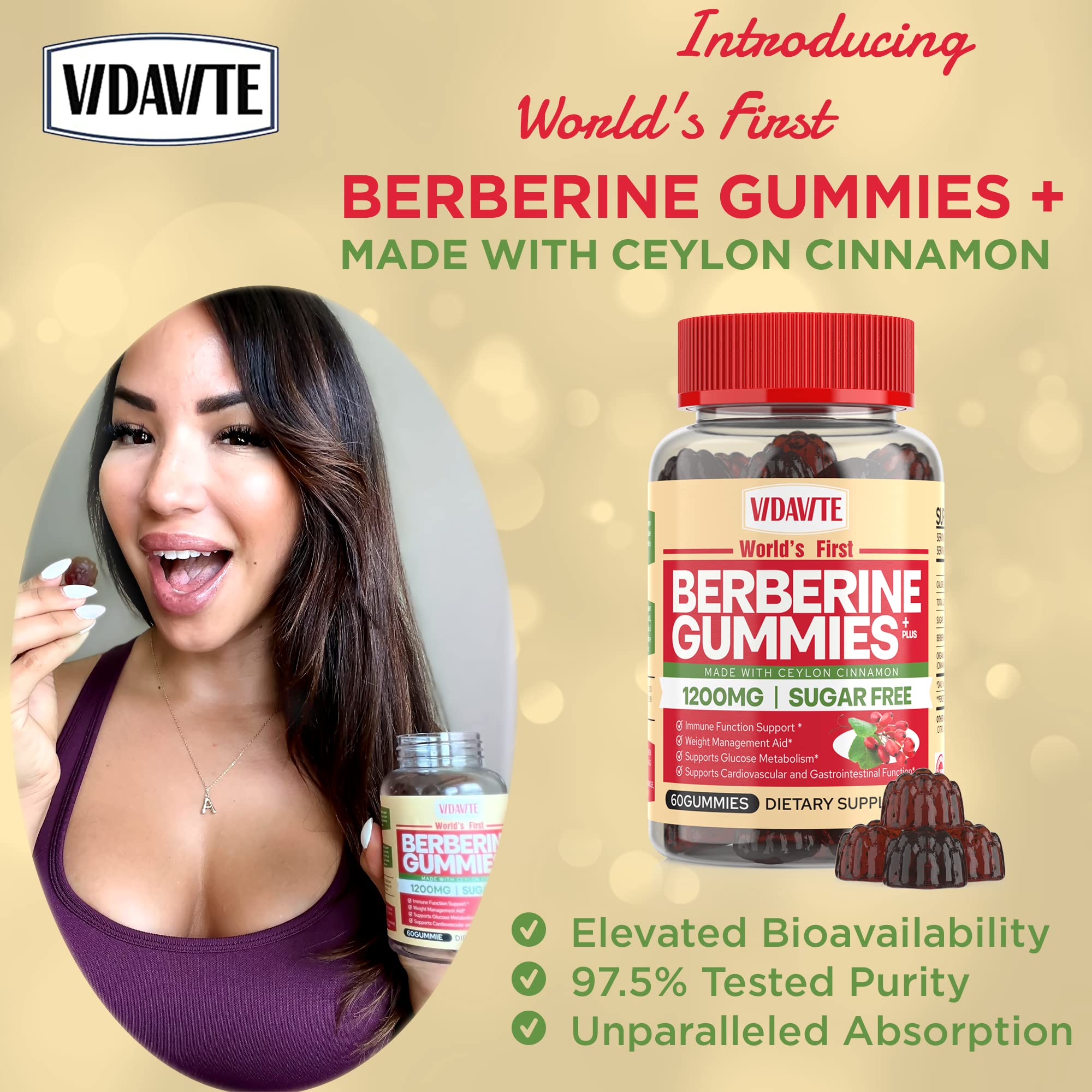 VIDAVITE Berberine label emphasizes Cinnamon blend and high-purity berberine for metabolic support.