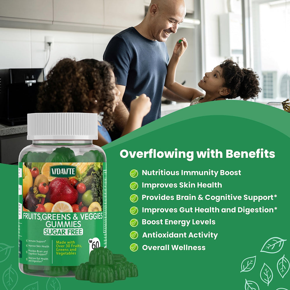 Vidavite Sugar-free Super Greens Gummies close-up showing chewy texture.