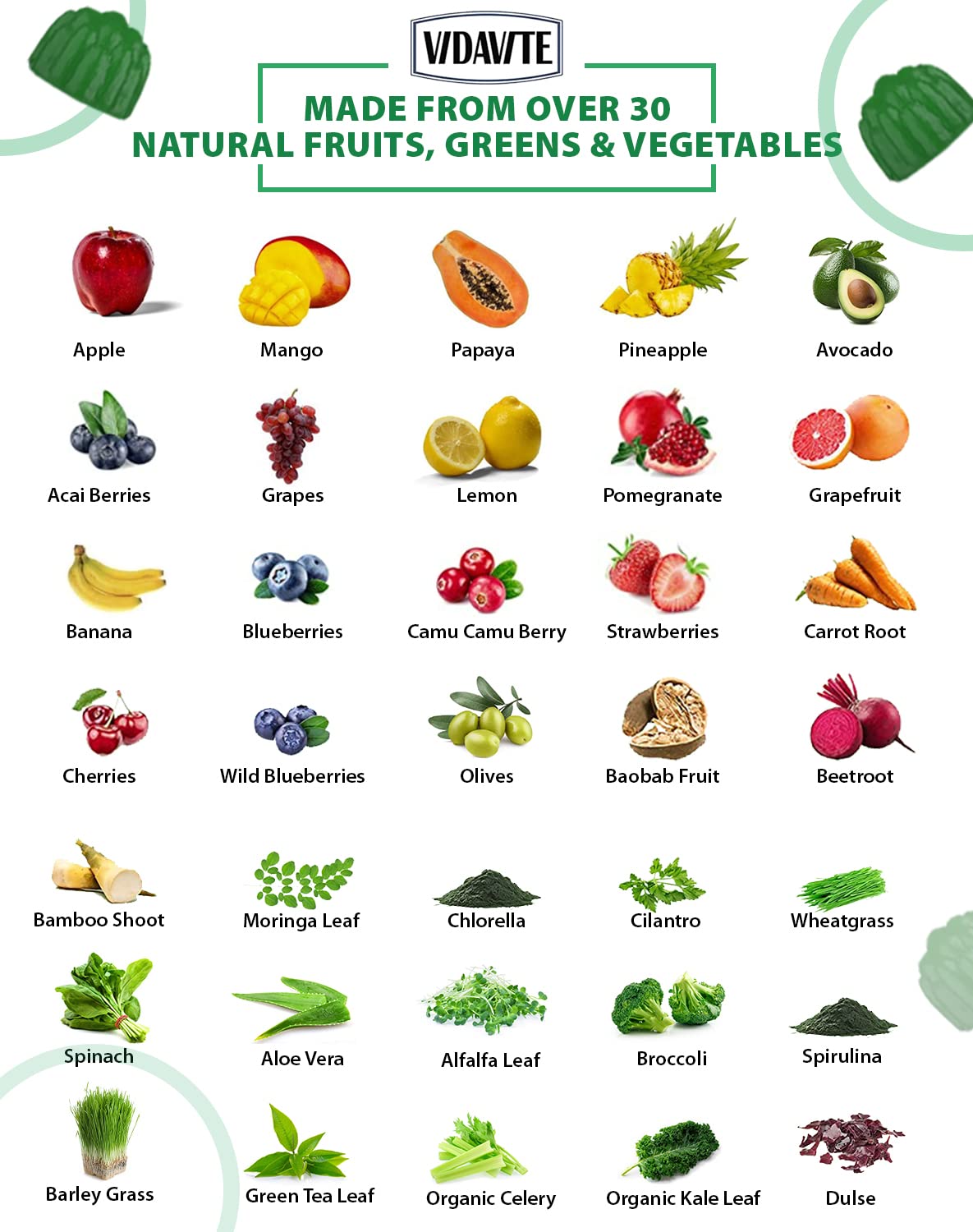 Vidavite Sugar-free Super Greens Gummies ingredients panel highlights 35+ nutrients.