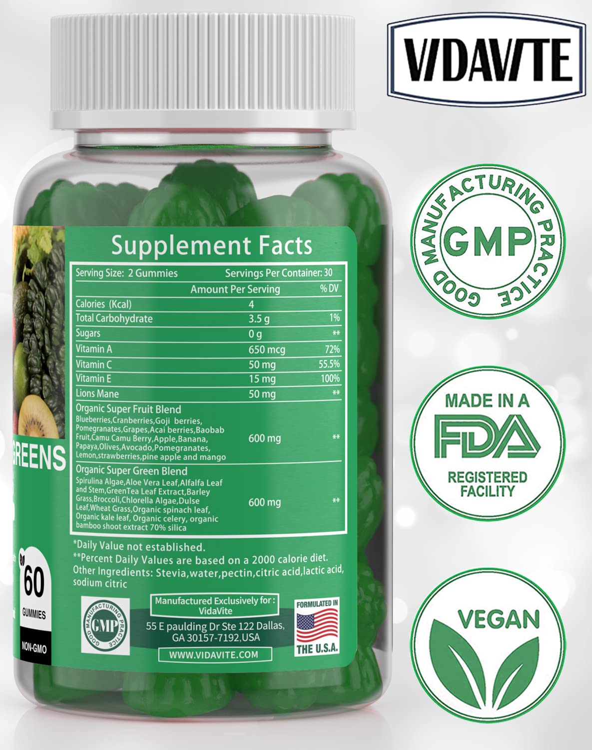 Vidavite Sugar-free Super Greens Gummies in a glass bottle for family use.