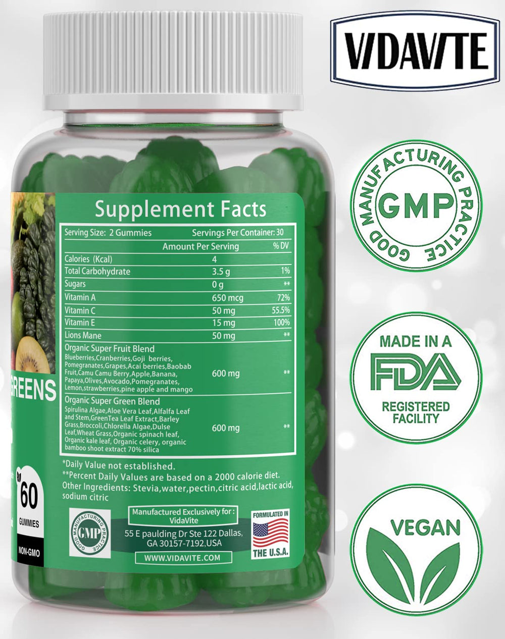 Vidavite Sugar-free Super Greens Gummies in a glass bottle for family use.