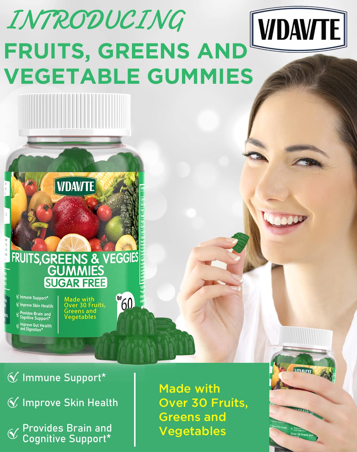 Vidavite Sugar-free Super Greens Gummies with kid-friendly chew texture.