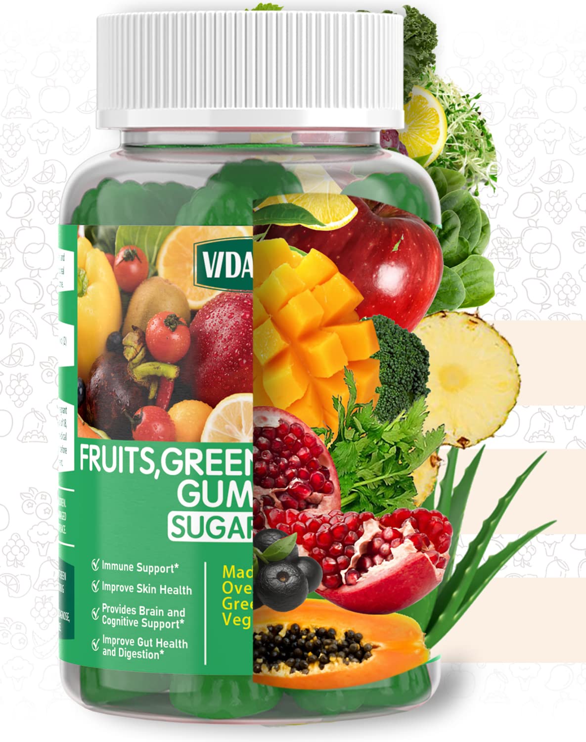 Vidavite Sugar-free Super Greens Gummies on a kitchen counter with USA label.