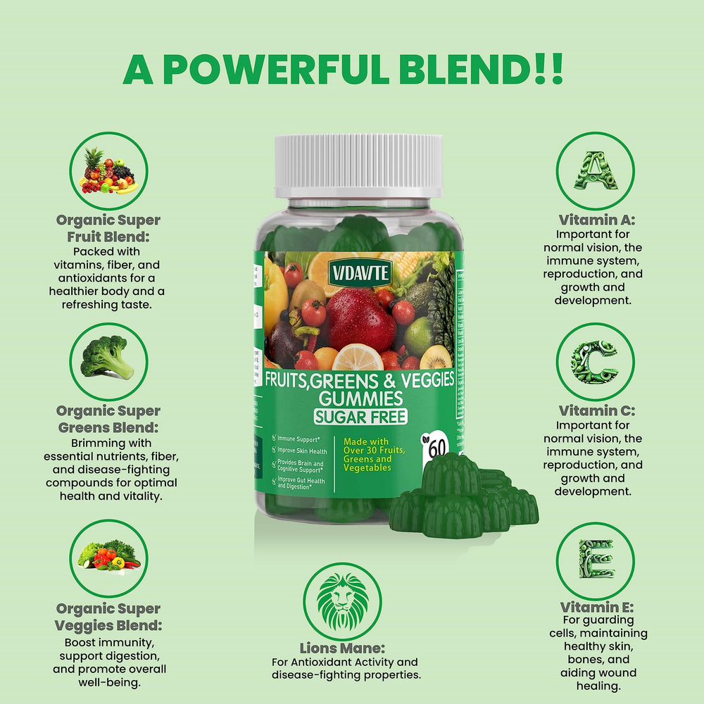 Vidavite Sugar-free Super Greens Gummies packshot for everyday wellness routine.