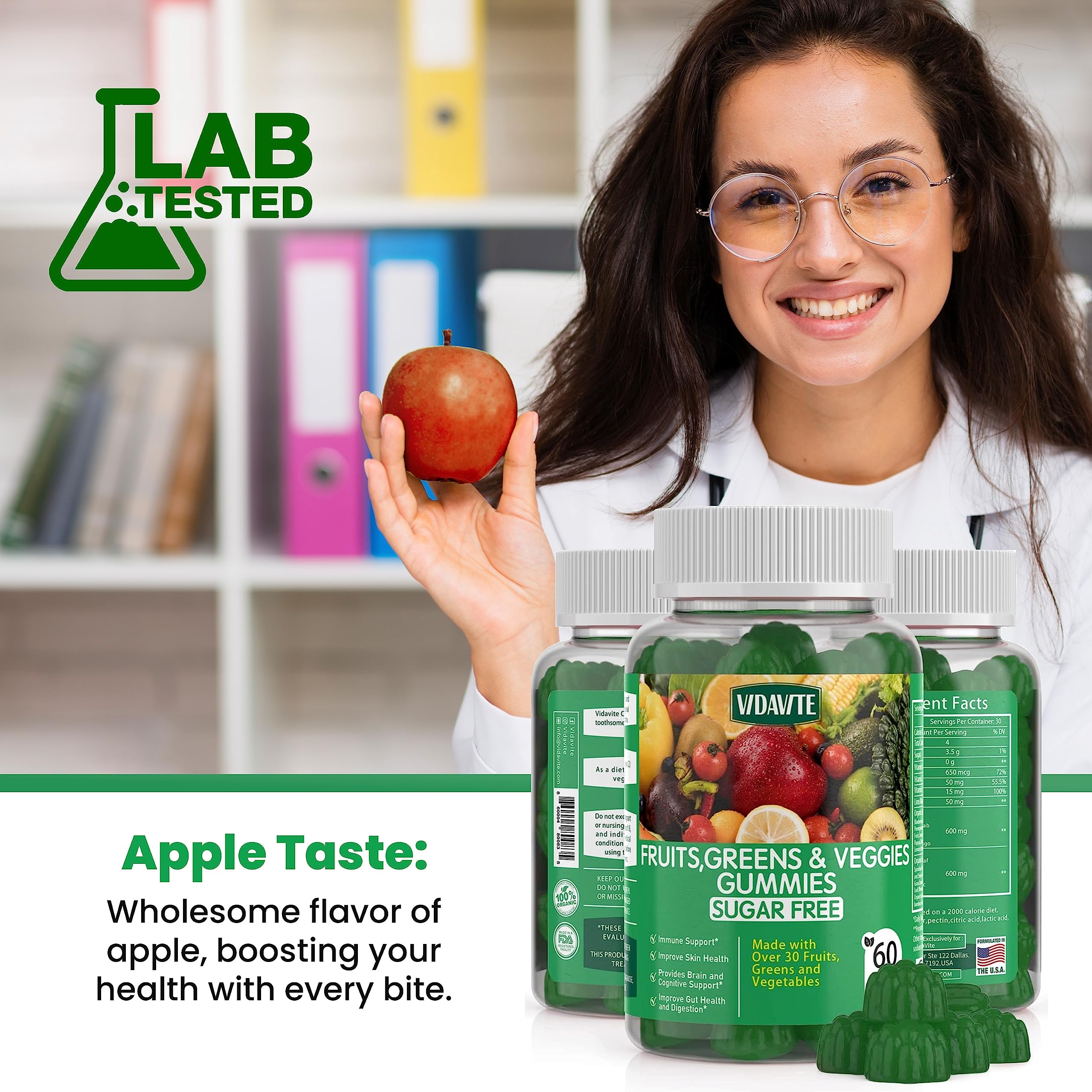 Vidavite Sugar-free Super Greens Gummies being poured for easy daily intake.