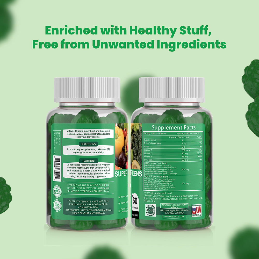 Vidavite Sugar-free Super Greens Gummies serving on a spoon with fruit accents.