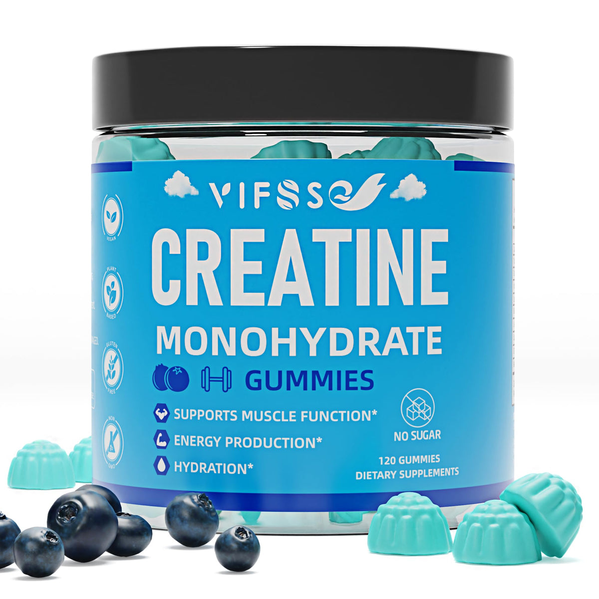 VIFSSG Creatine Monohydrate Gummies bottle with blue raspberry flavor for workout support