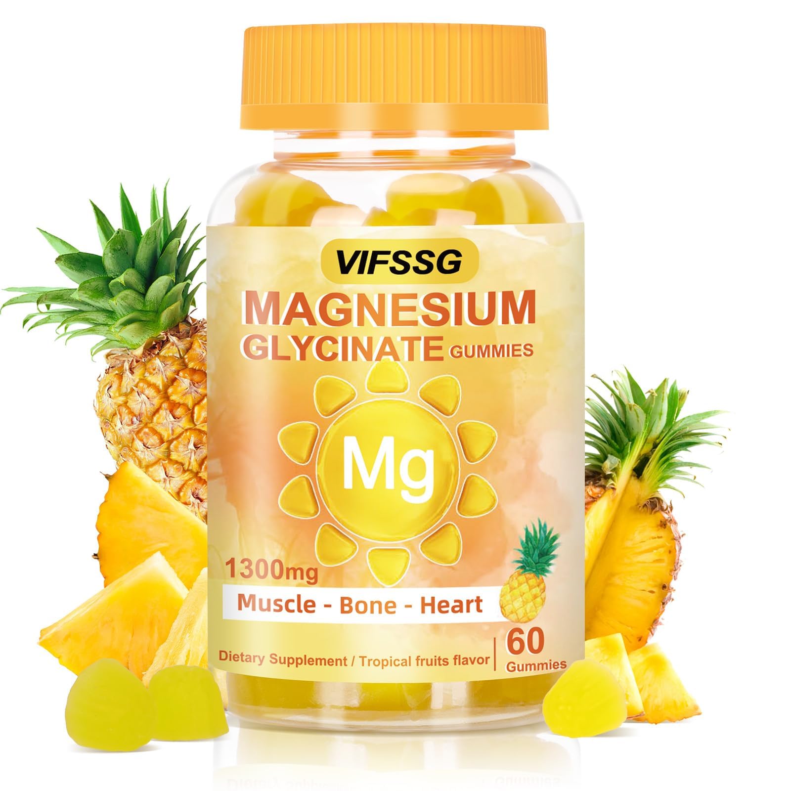 VIFSSG Magnesium Glycinate Gummies bottle shows mango flavor and sugar-free formula.