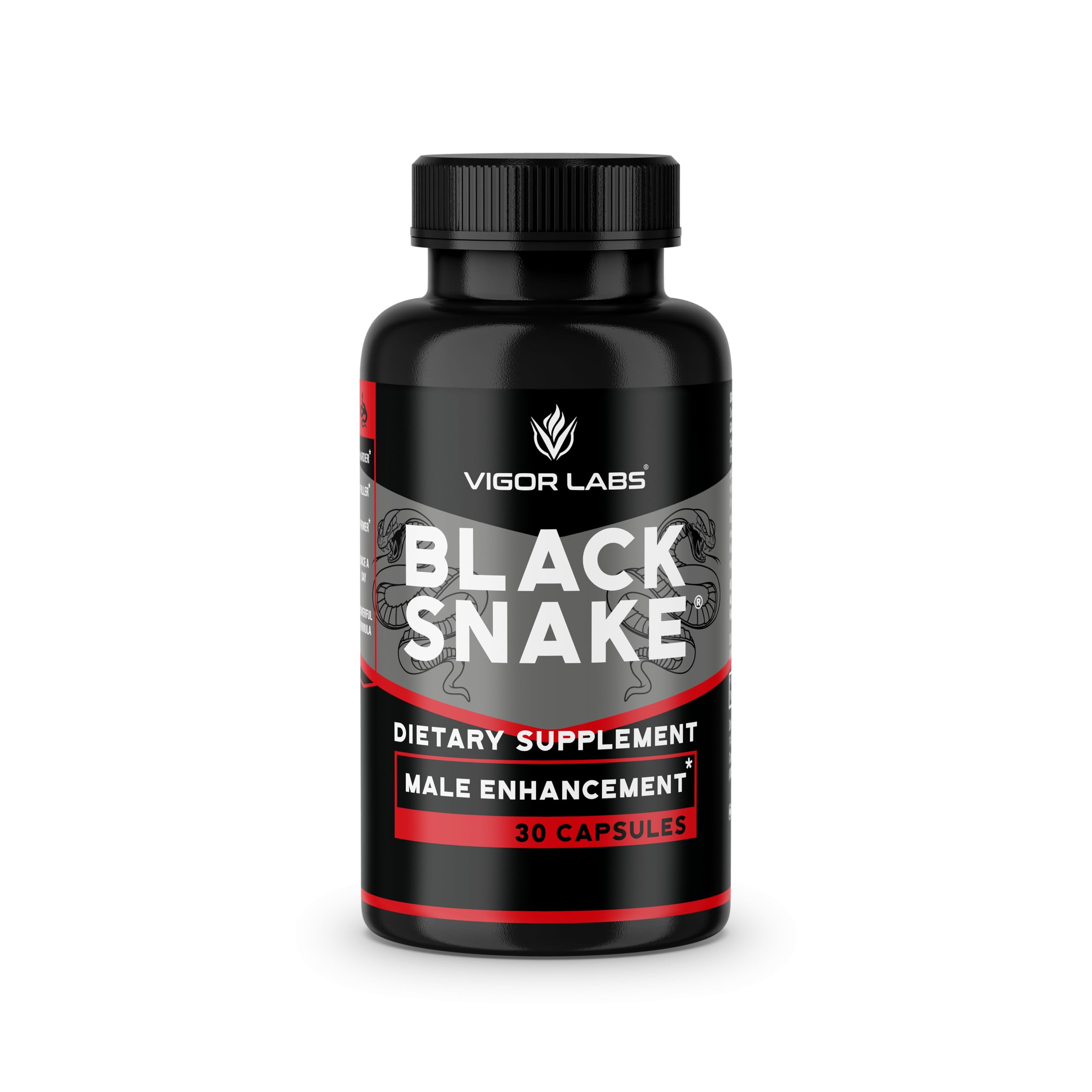 Vigor Labs Black Snake bottle close-up for daily vitality support.