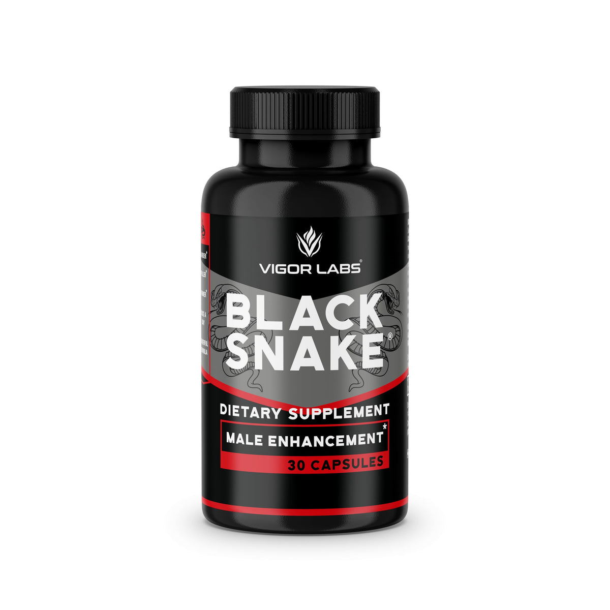 Vigor Labs Black Snake bottle close-up for daily vitality support.