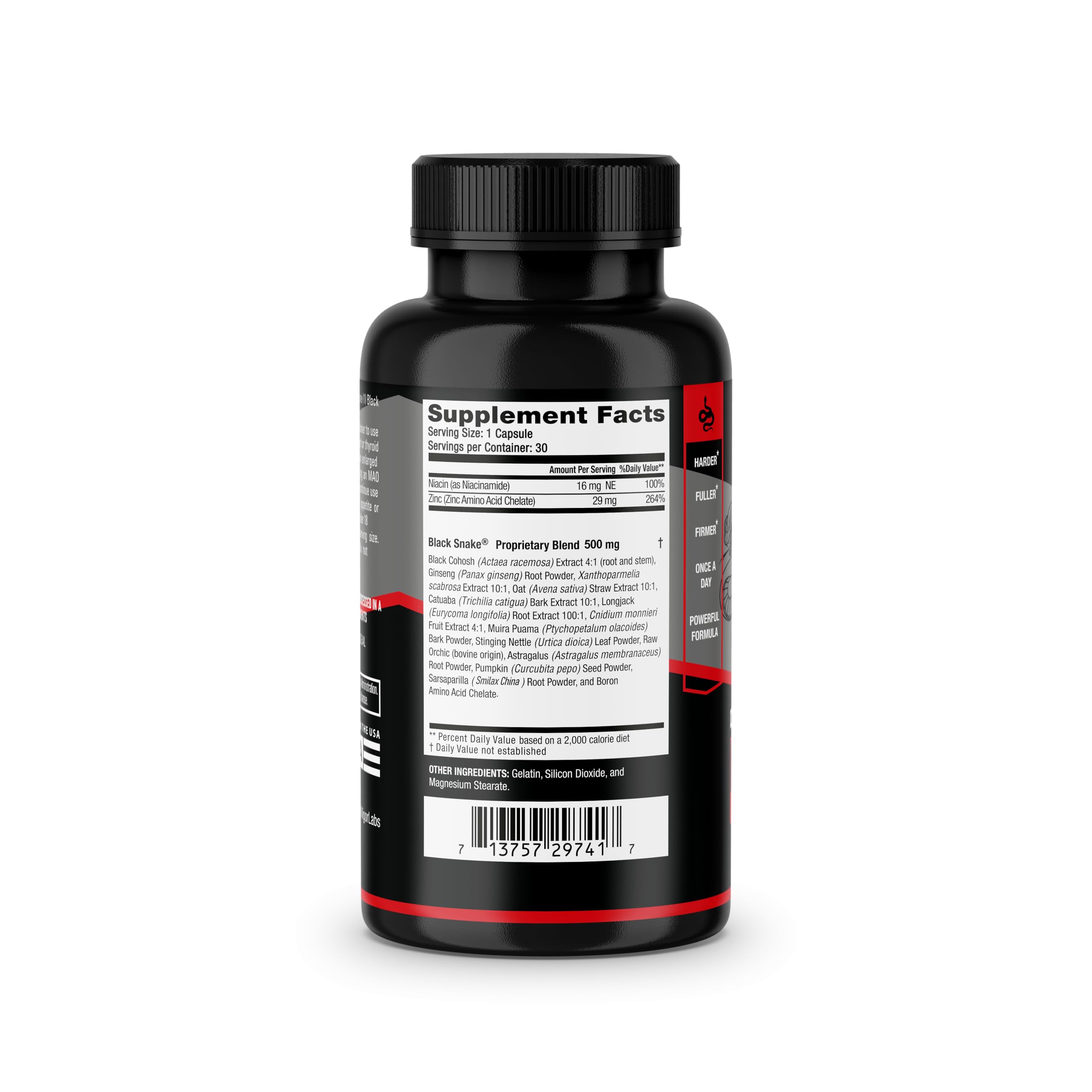 Close-up of Black Snake label highlights natural ingredients.
