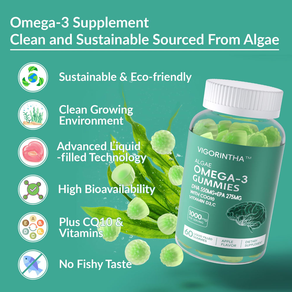 Vigorintha Omega-3 Gummies algae oil illustration signaling sustainable DHA 550mg and EPA 275mg