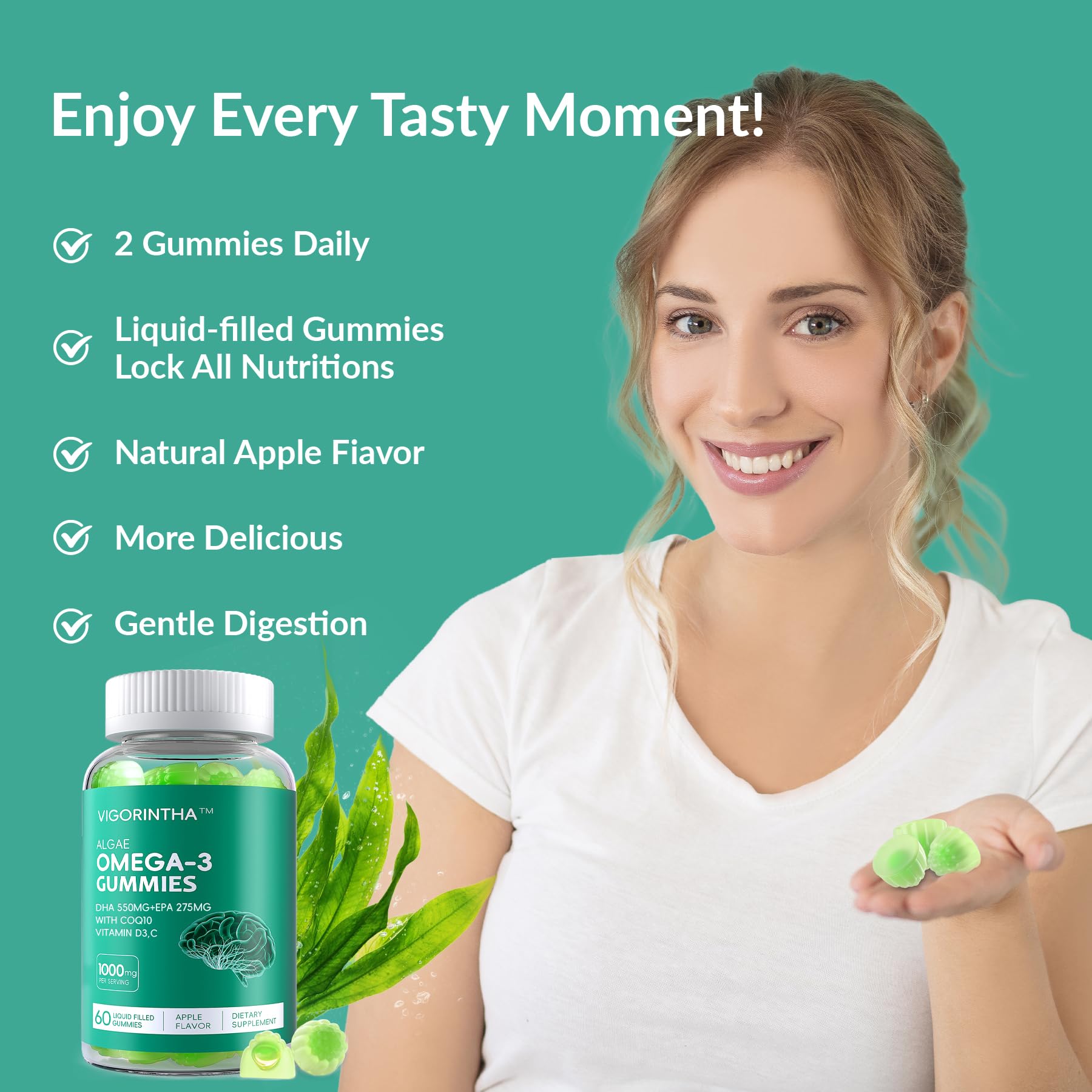 Vigorintha Omega-3 Gummies sugar-free background emphasizes convenient vegan nutrition