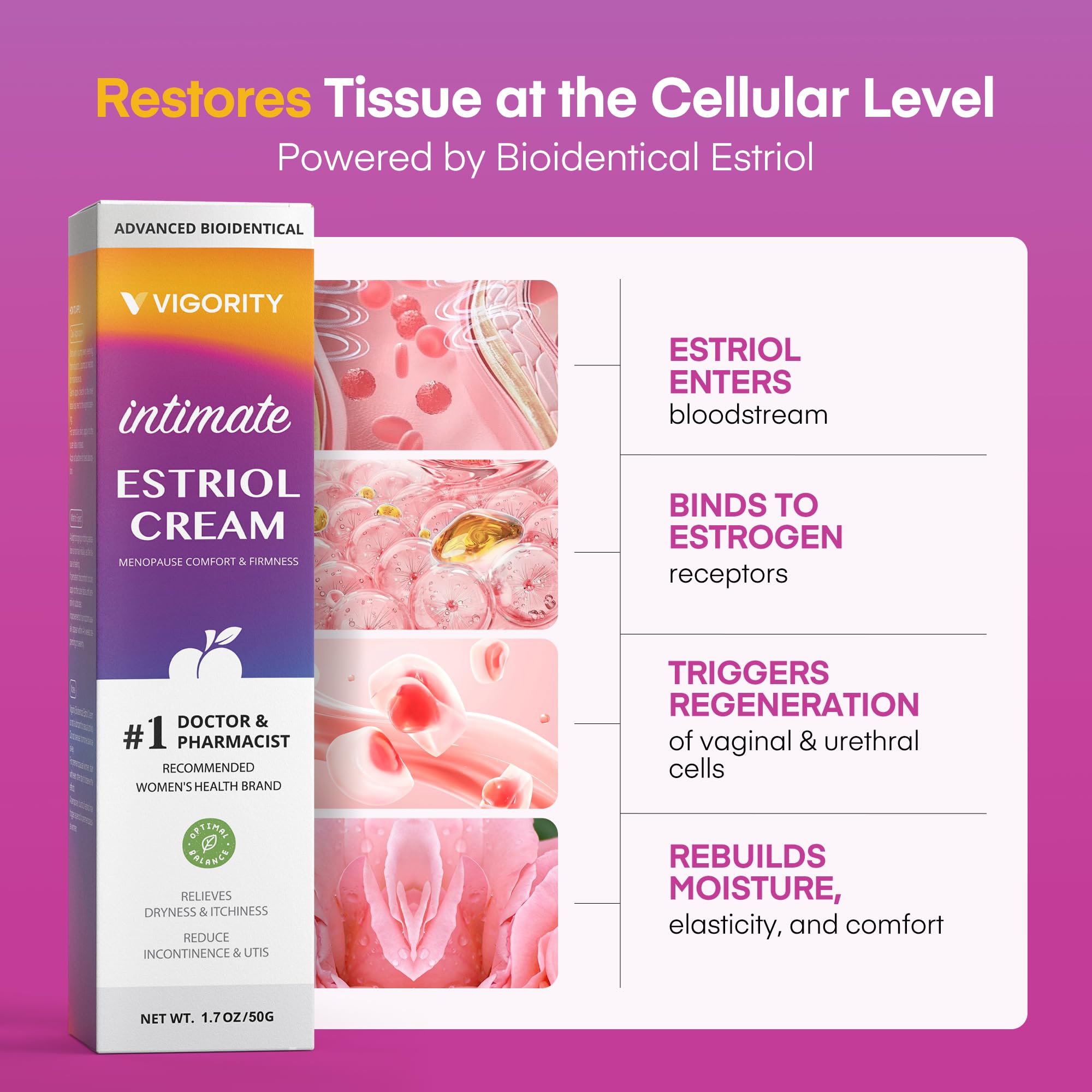 Vigority Estriol Cream packaging side view for discreet daily use.