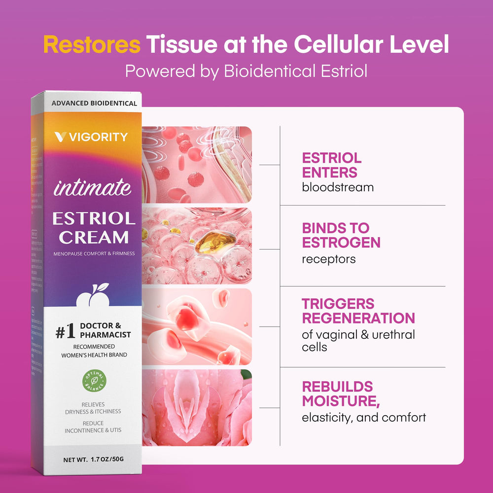 Vigority Estriol Cream packaging side view for discreet daily use.