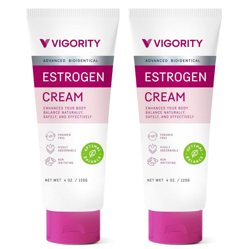 Vigority Estrogen Cream bottle close-up for daily moisturization and balance