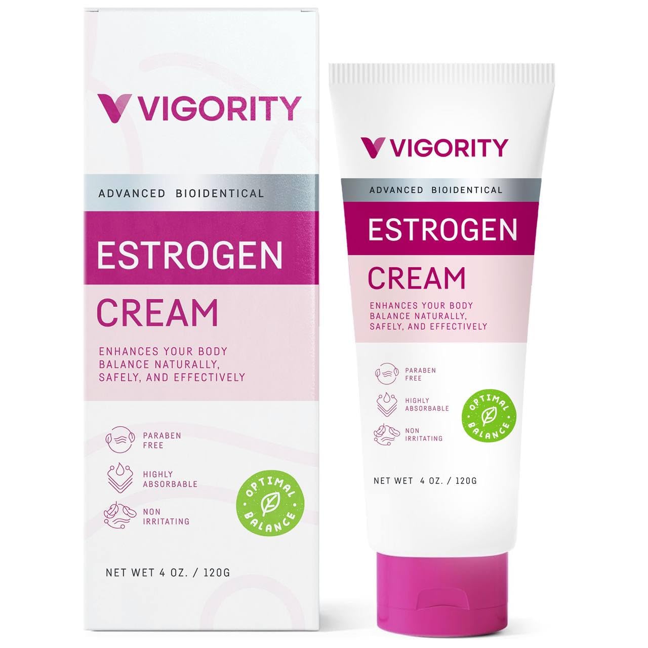 Vigority Estrogen Cream bottle for daily menopause symptom support.