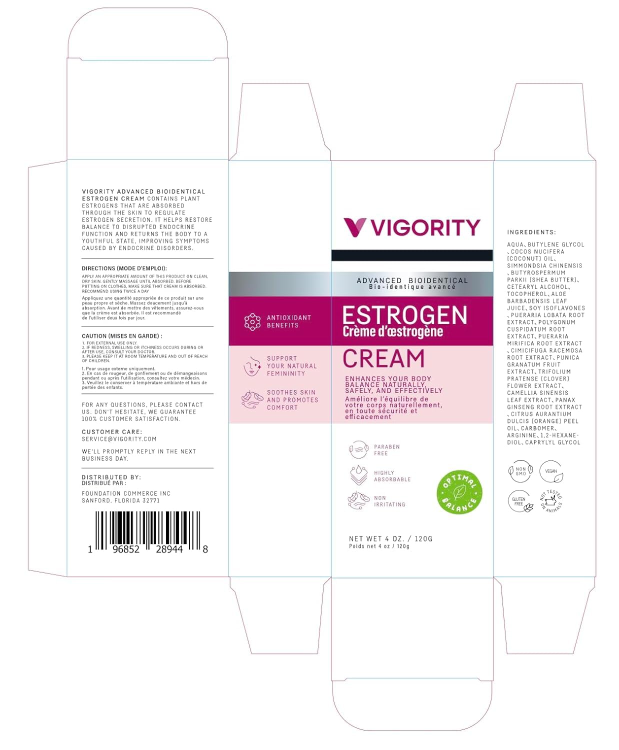 Vigority Estrogen Cream product box and tube emphasizing vegan formula