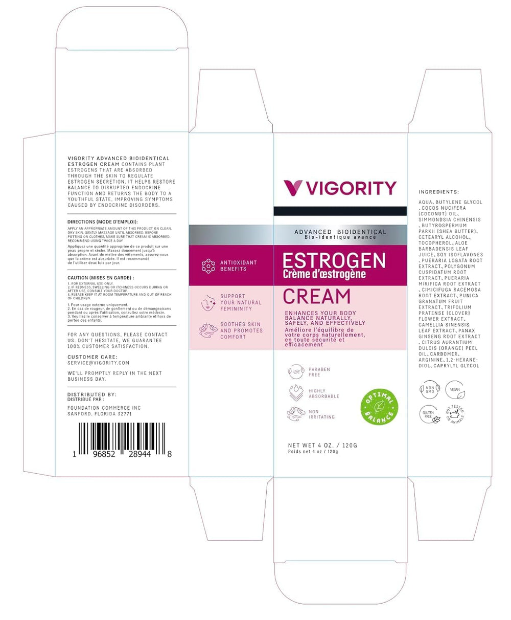 Vigority Estrogen Cream product box and tube emphasizing vegan formula