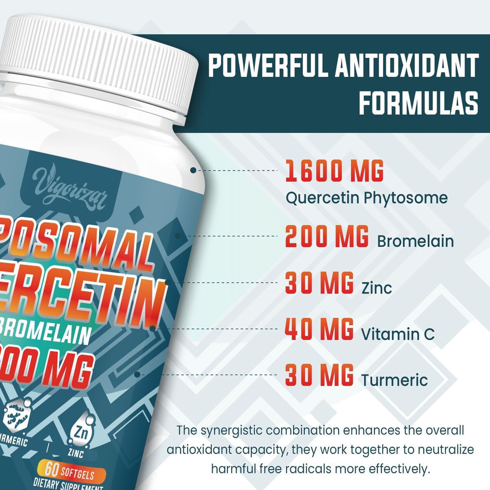 Vigorizar quercetin bromelain capsules closeup showing synergistic absorption blend.