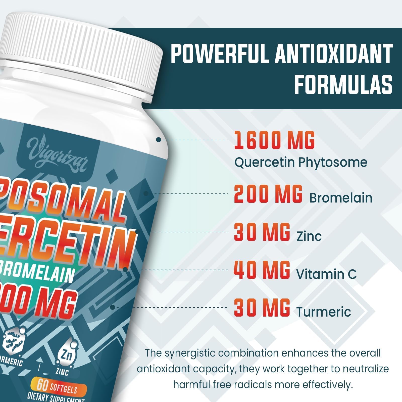 Vigorizar quercetin phytosome capsule highlighting liposomal delivery for absorption