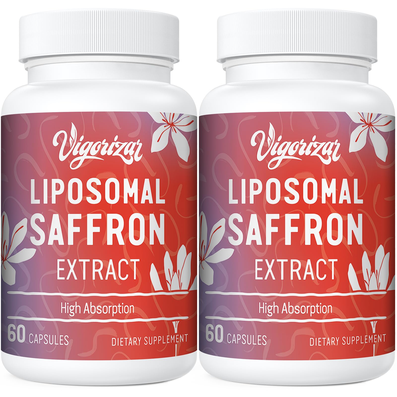 Vigorizar saffron bottle close-up showing 88.5 mg per capsule for mood and focus