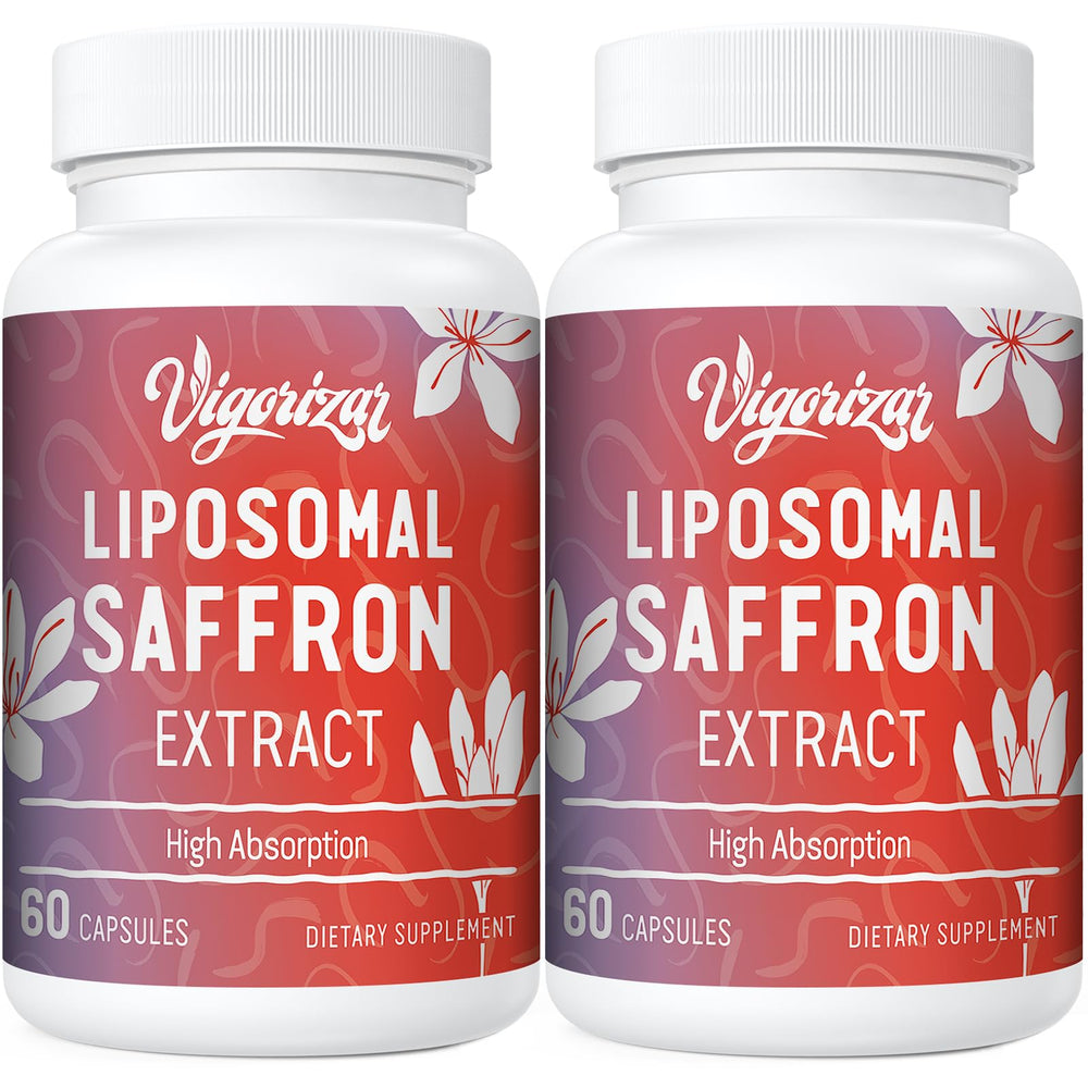Vigorizar saffron bottle close-up showing 88.5 mg per capsule for mood and focus