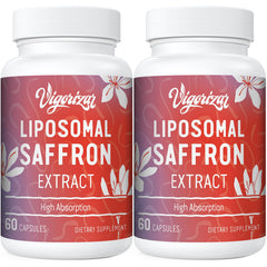 Vigorizar saffron bottle close-up showing 88.5 mg per capsule for mood and focus