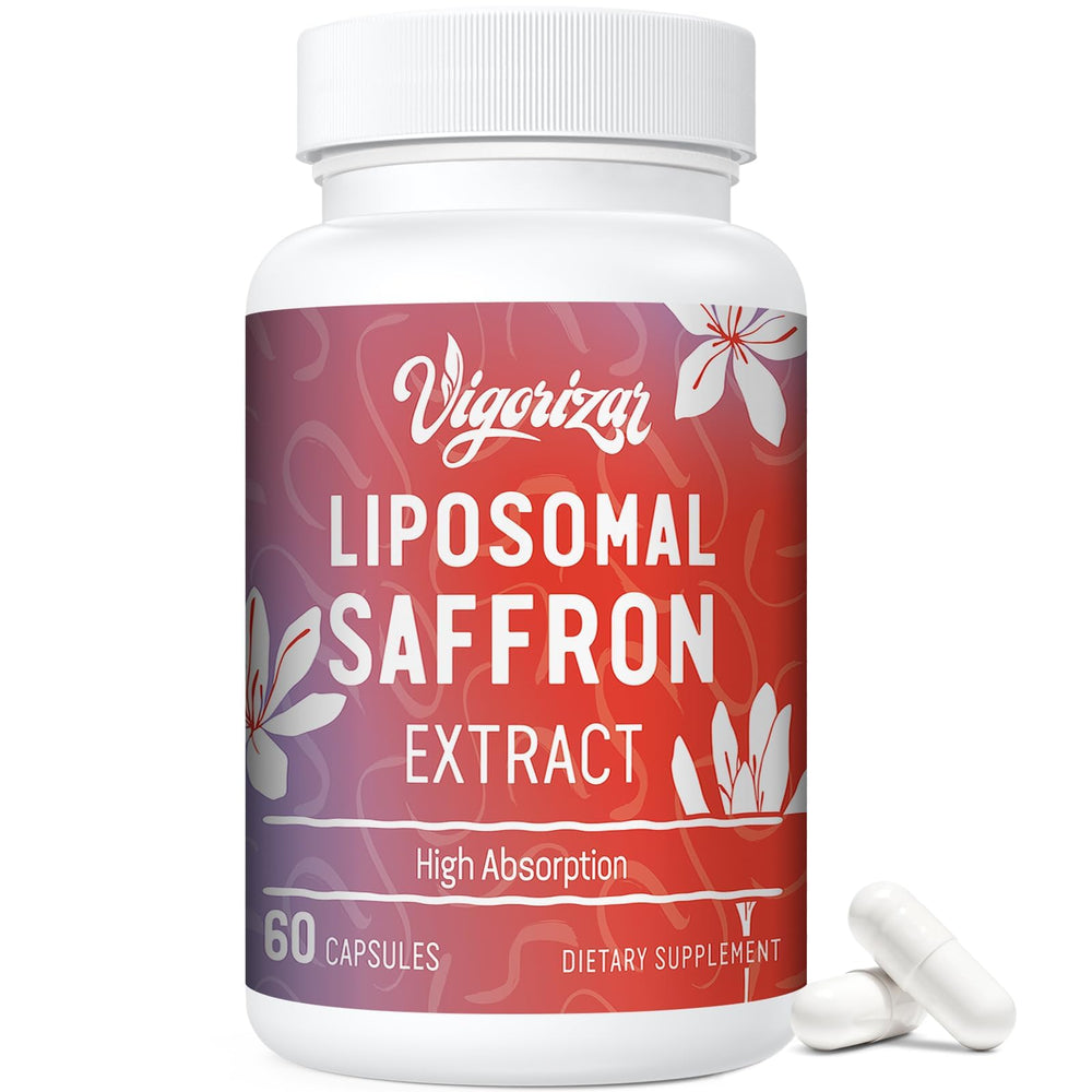 Vigorizar saffron bottle front with 60 vegan capsules for daily mood balance