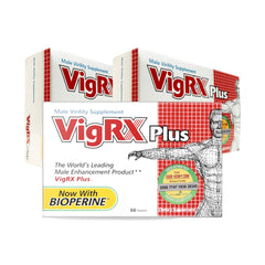 VigRX Plus 3-box packaging showcases herbal virility tablets for daily vitality.