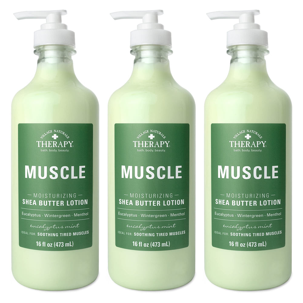 Village Naturals Therapy Muscle Shea Butter Lotion bottle with eucalyptus mint aroma for soothing relief