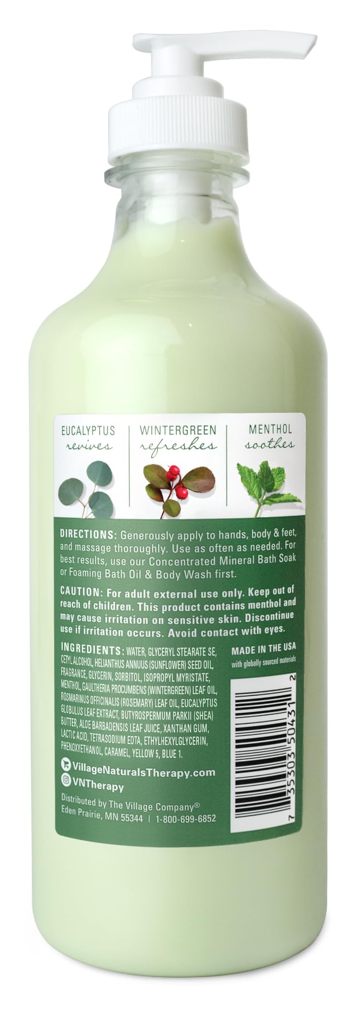 Village Naturals Therapy Muscle Shea Butter Lotion label close-up highlighting natural ingredients and cooling relief