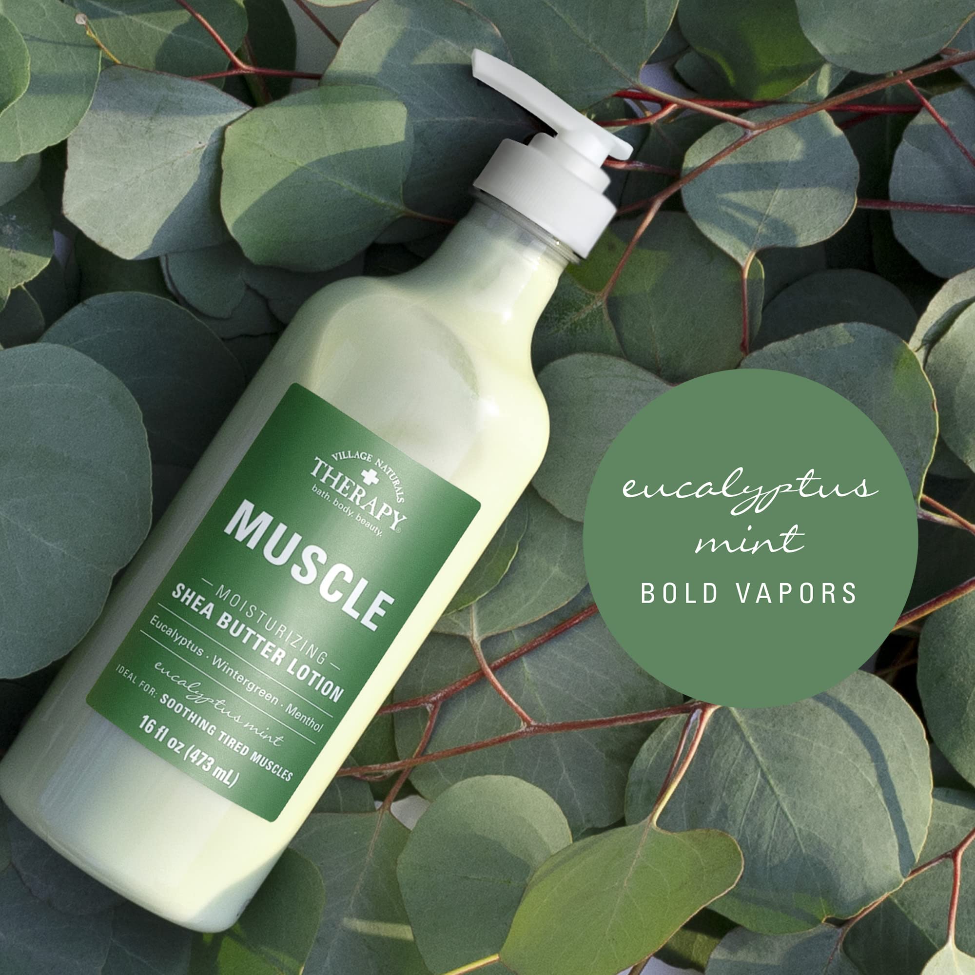 Village Naturals Therapy Muscle Shea Butter Lotion pump top in a bright setup