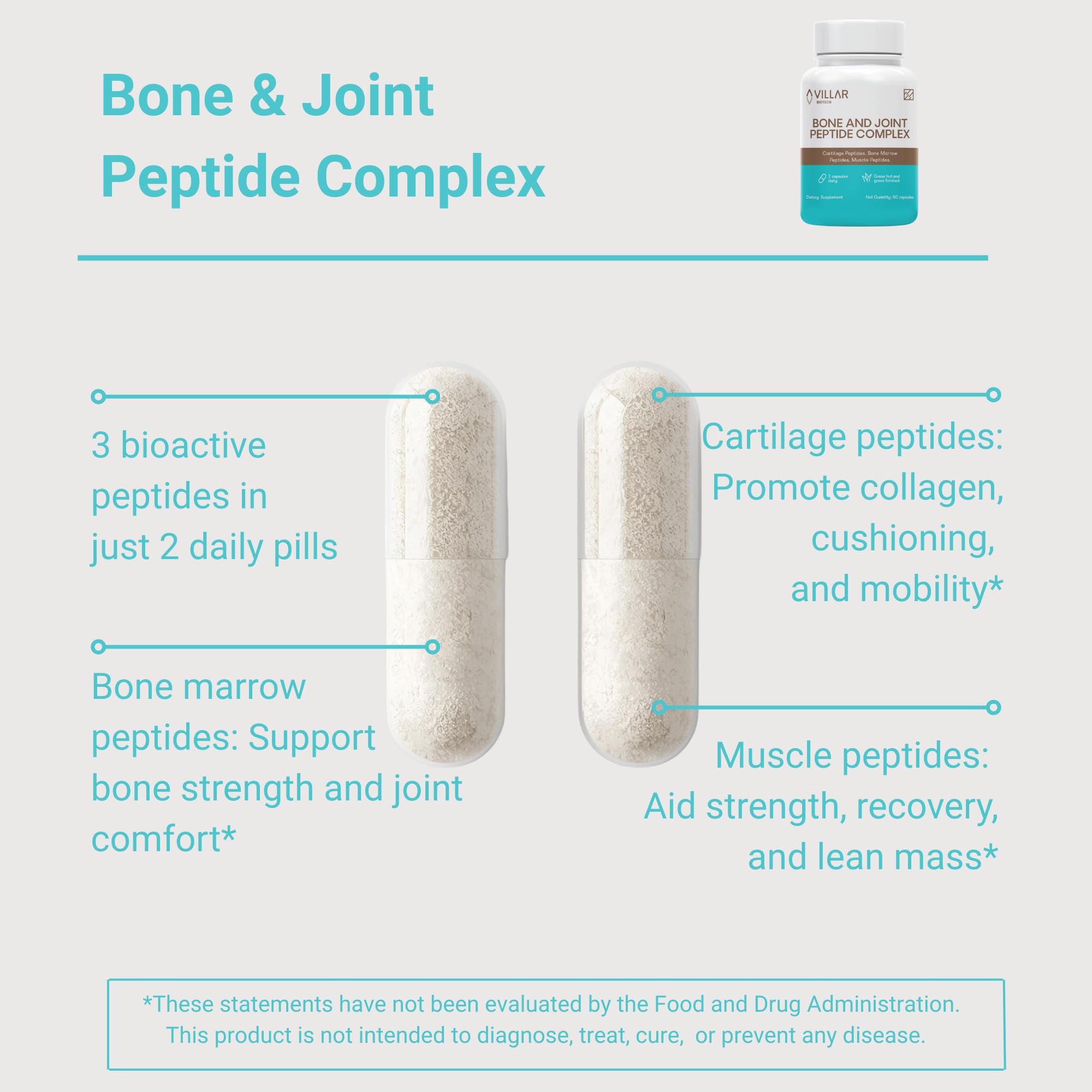 Villar Biotech Bone Joint Peptide Complex capsules for convenient daily intake and mobility support.