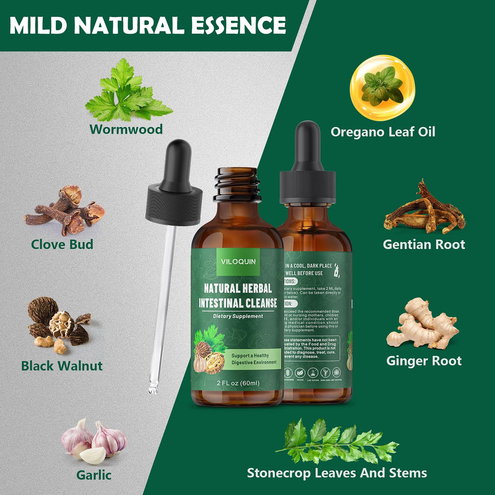 Viloquin oregano oil dropper emphasizing digestive balance.