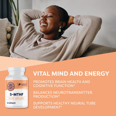 Vimergy 5-MTHF capsules closeup emphasizing high-potency methylfolate and B12 synergy.