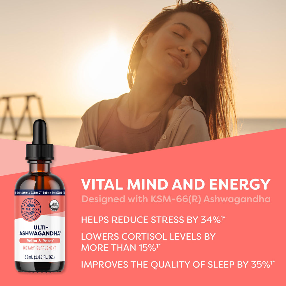 Vimergy Ashwagandha alcohol-free formula label close-up showing clean ingredients.