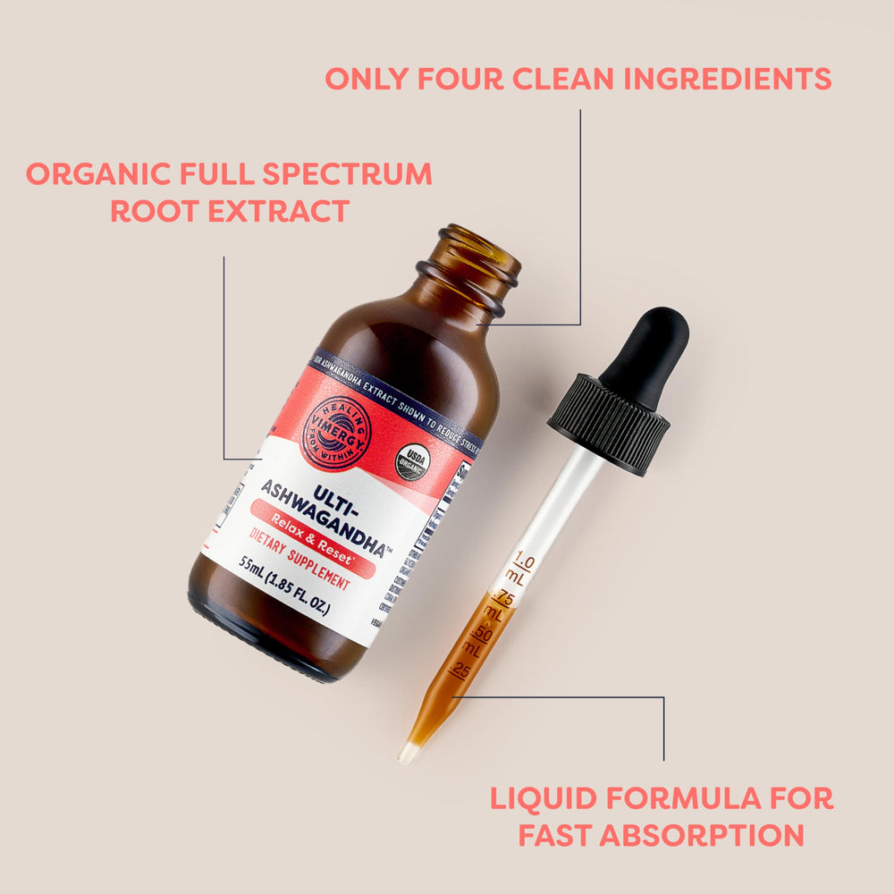 Vimergy Ashwagandha dropper in water demonstrating easy intake.