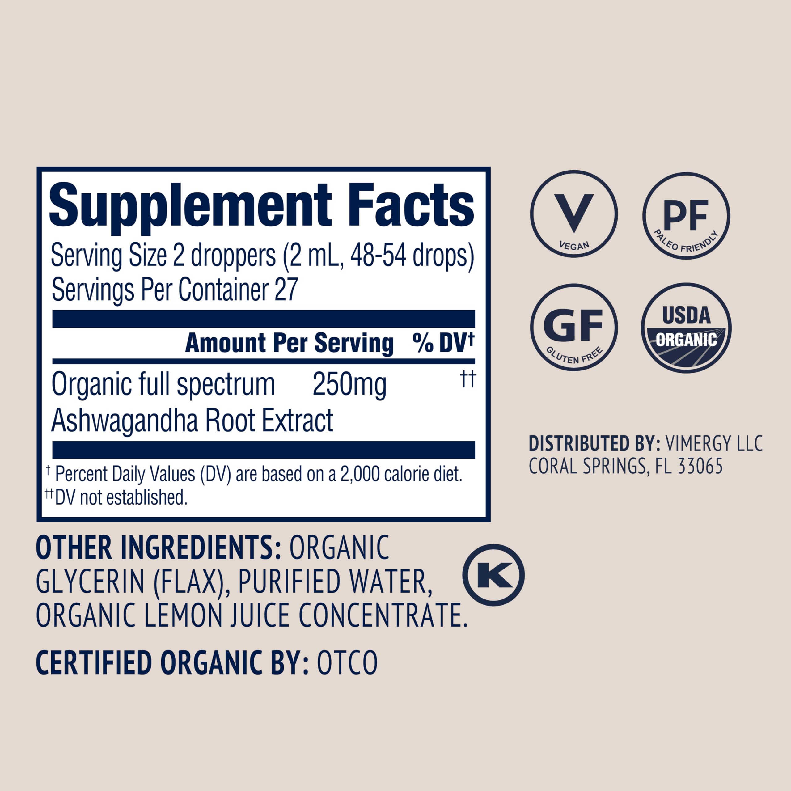 Vimergy Ashwagandha drops in pantry storage illustrating vegan gluten-free product.