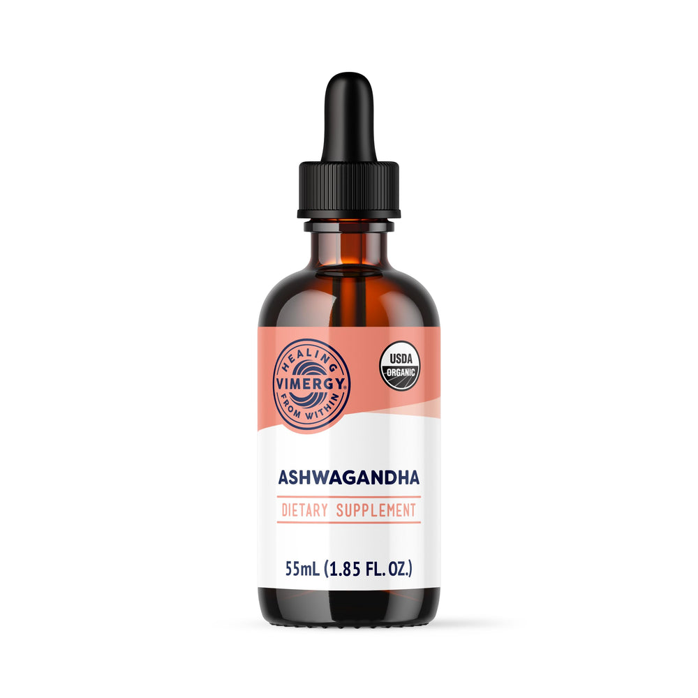 Vimergy Ashwagandha liquid drops bottle for stress support and daily calm.