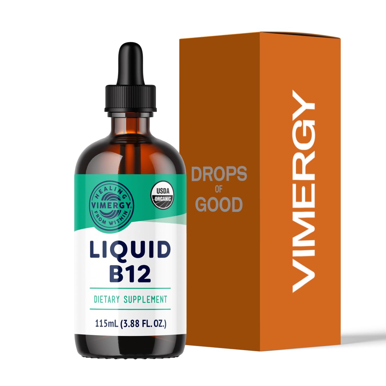 Vimergy B12 liquid bottle, highlighting fast absorption and vegan formulation.