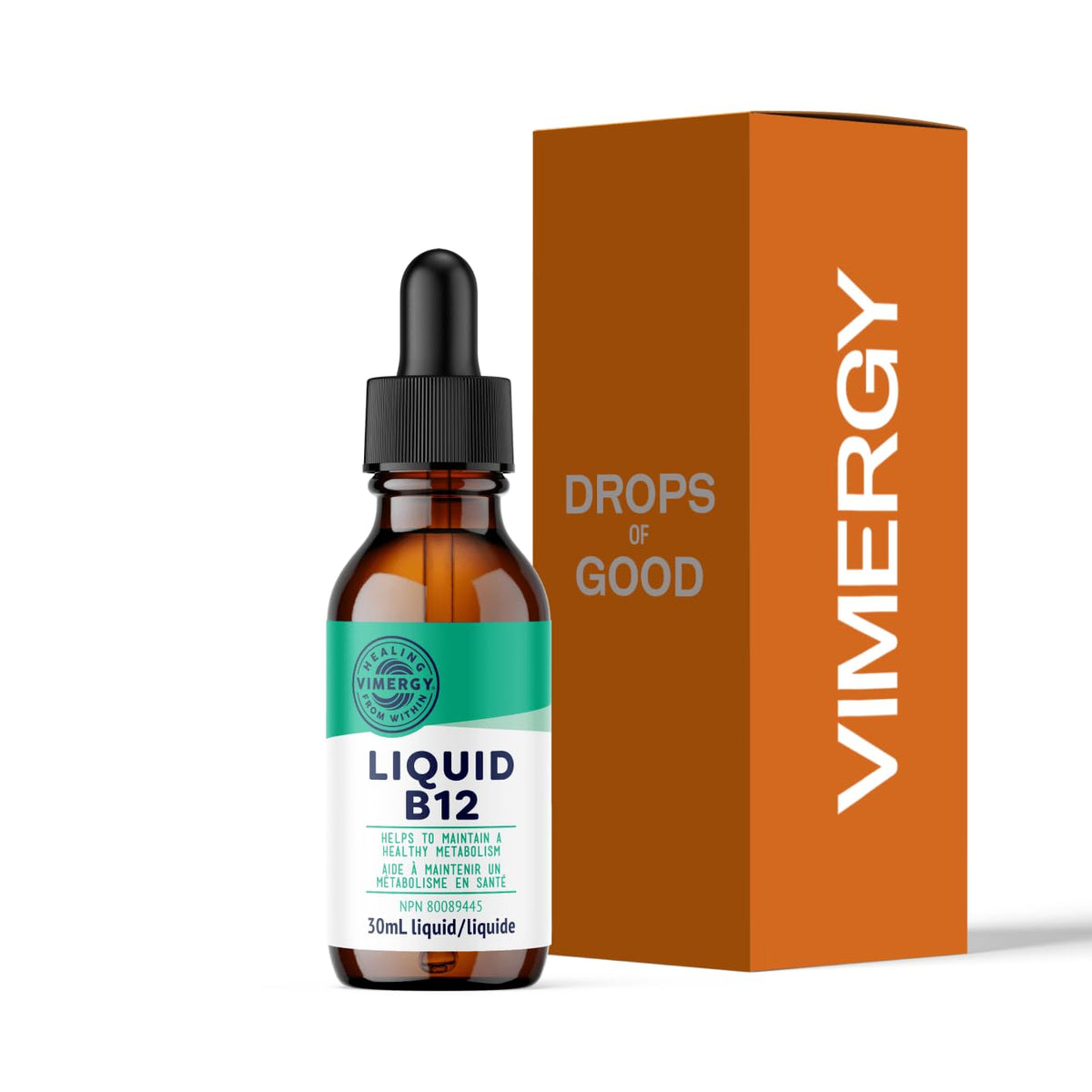 Vimergy B12 liquid bottle shown as a clean, organic supplement for steady daily energy
