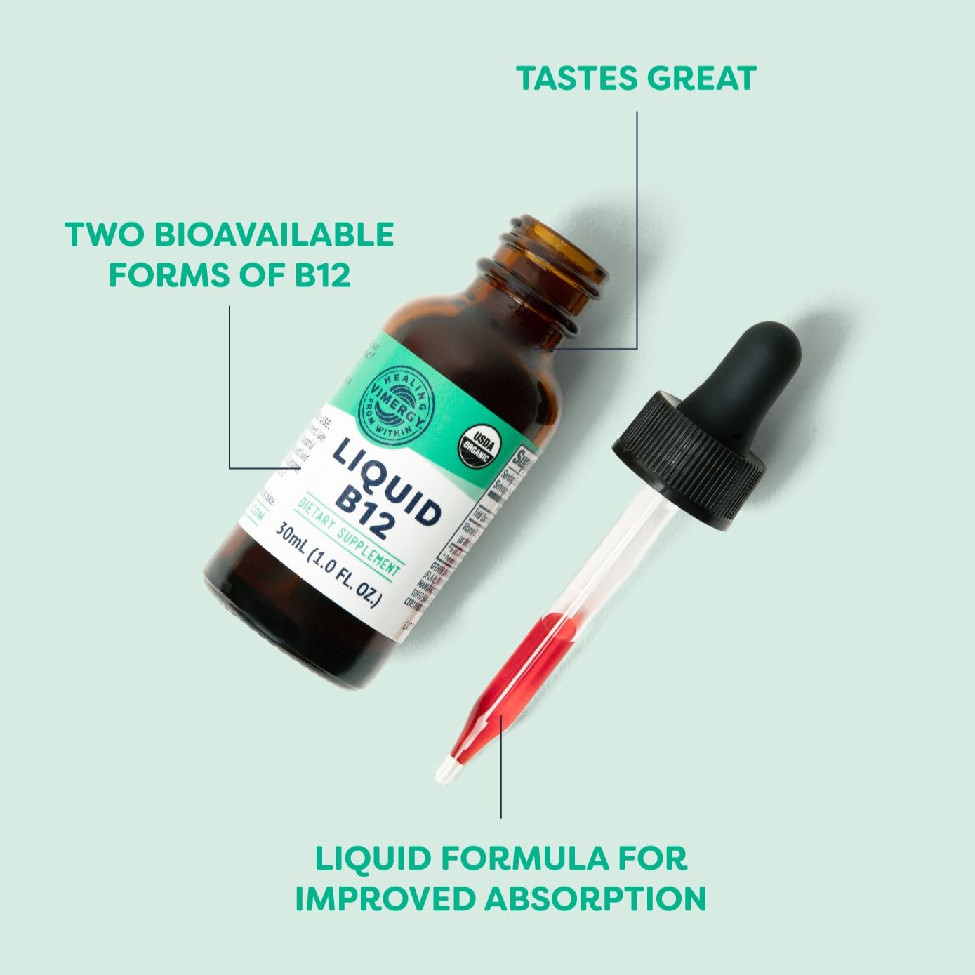 Vimergy B12 liquid label highlights USDA Organic and non-GMO certifications
