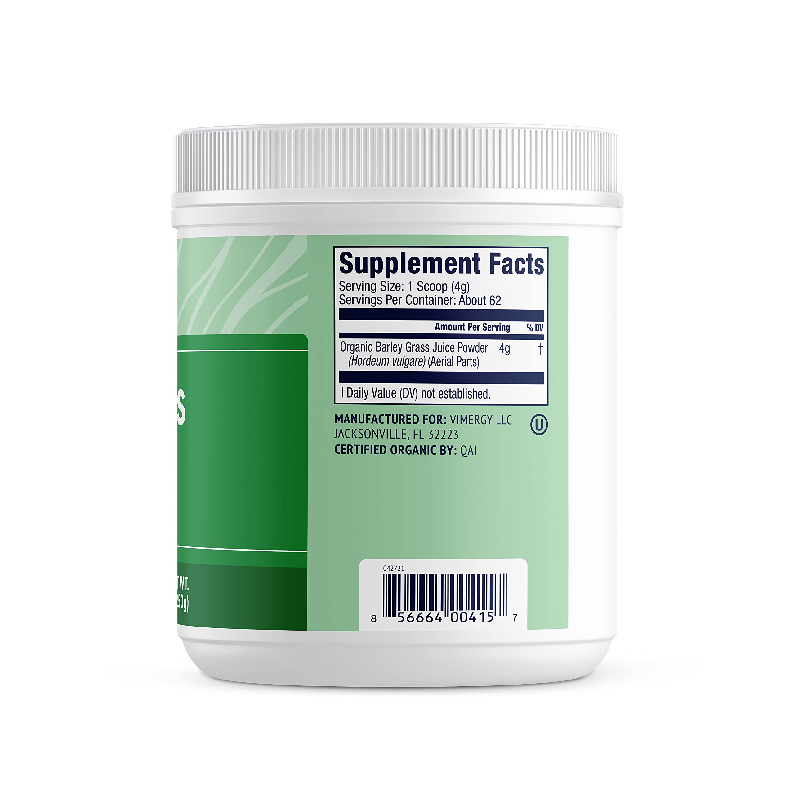 Vimergy Barley Grass Juice Powder label highlighting organic, vegan, gluten-free formula.