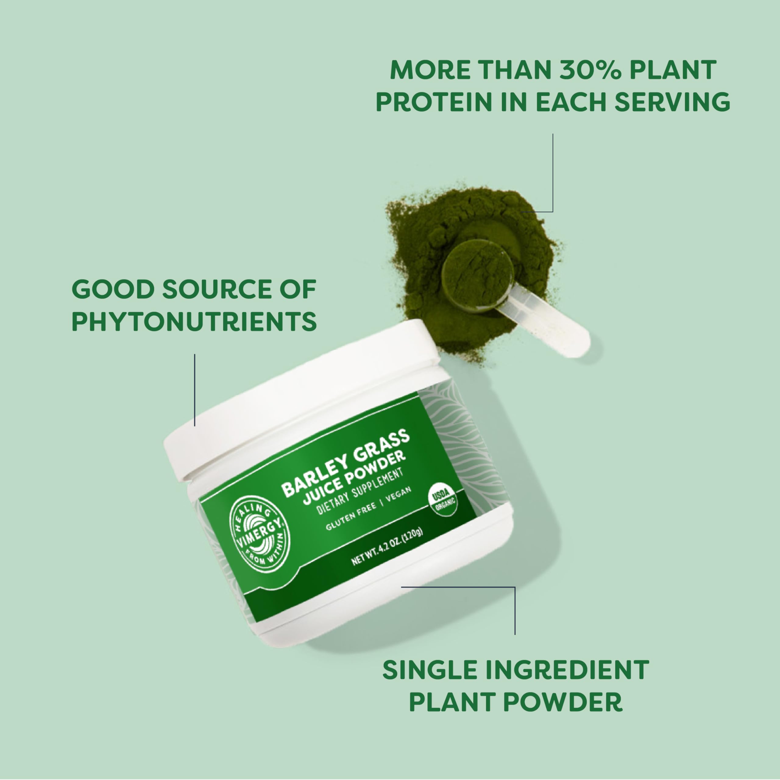 Vimergy Barley Grass Juice Powder mixed into smoothie for a nutrient boost.